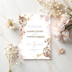 Convite de casamento elegante, modelo de convite de casamento com estampa floral marrom rústica, convite de casamento em aquarela dourada estilo boho, convite de casamento vintage para impressão
