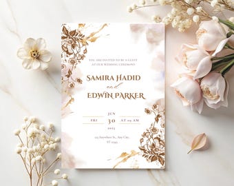 Elegant Wedding Card Invitation, Rustic Brown Floral Wedding Invitation Template, Boho Gold Watercolor Wedding Invite, Printable Vintage Wed