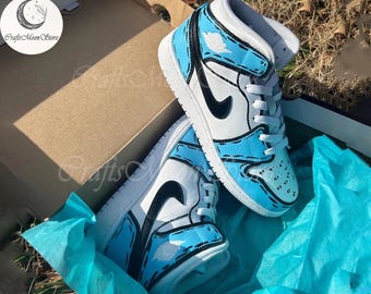 Custom Blue Cartoon Pattern JD1 Sneakers, Air Jordan 1 Hand Painted, Personalized Shoes