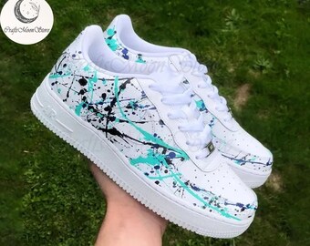 Custom Black And Blue Splatter AF1 Sneakers, Air Force 1 Hand Painted, Personalized Shoes