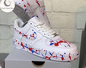Custom Blue Red Splash AF1-sneakers, Air Force 1 handgeschilderde, gepersonaliseerde schoenen