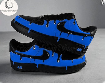 Custom Blue Drip Air Force 1 Sneakers, Hand Painted Drip AF1, Personalized Cartoon Shoes