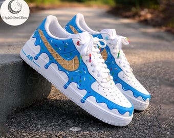 Custom Blue Dripping Ice Cream AF1 Sneakers, Air Force 1 Hand Painted, Personalized Shoes
