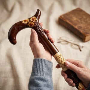May include: A polished dark brown wooden walking cane featuring a curved handle adorned with three carved light-colored wooden flowers and swirling leaf patterns. The shaft includes a textured, diamond-patterned light wood inlay section.