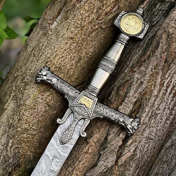 Hand Forged Damascus Steel King Solomon Sword: Medieval Knights Templar Collectible