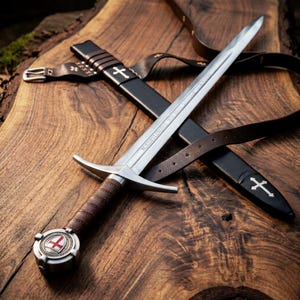 Tempelierszwaard met leren schede, replica middeleeuwse kruisvaarder, fantasiedecor verzamelcadeau