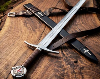 Templar Knight Sword with Leather Scabbard, Medieval Crusader Replica, Fantasy Decor Collectible Gift