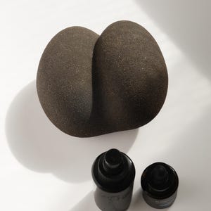 May include: A dark brown, textured, abstract sculpture with a rounded shape. Two small, black bottles with spray nozzles are positioned below the sculpture. The objects are set against a white background with shadows.