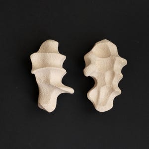 Puede incluir: Dos esculturas abstractas de cerámica blanquecina con superficies texturizadas. Las formas son orgánicas, con formas redondeadas y bordes irregulares. Las esculturas se muestran sobre un fondo negro.
