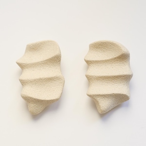 Puede incluir: Dos esculturas abstractas de cerámica blanquecina con superficie texturizada. Cada pieza tiene una forma orgánica única con una serie de crestas horizontales. Las esculturas se muestran sobre un fondo blanco.