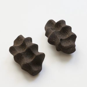 May include: Two dark brown, organic-shaped ceramic objects with a textured surface and a wavy design. The objects are placed on a white background, showcasing their unique form and texture. The ceramic pieces have a speckled appearance.