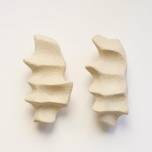 Puede incluir: Dos esculturas abstractas de cerámica blanquecina con superficie texturizada. Cada pieza tiene una forma orgánica única con una serie de formas curvas apiladas. Las esculturas se exhiben sobre un fondo blanco liso.