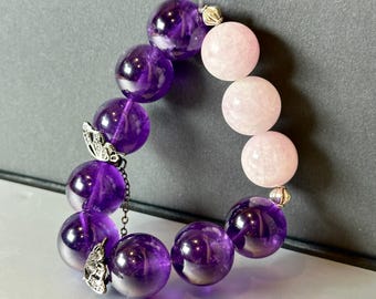 Natural Amethyst & Lepidolite Beaded Bracelet | 16.5mm Statement Crystal | Calming, Healing, Elegant
