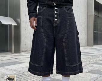 Denim Cropped Pants | Loose Wide Leg Workwear Jorts | Daily Wear | Avant Streetwear Style