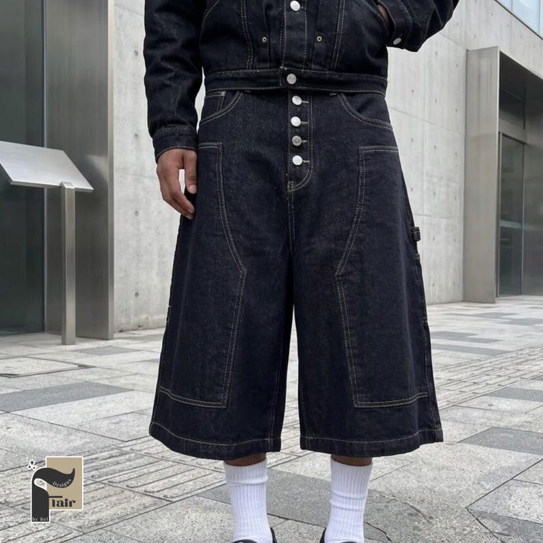 Denim Cropped Pants | Loose Wide Leg Workwear Jorts | Daily Wear | Avant Streetwear Style

Black raw denim cropped wide-leg pants with button front detail, styled in a bold streetwear outfit outdoors.