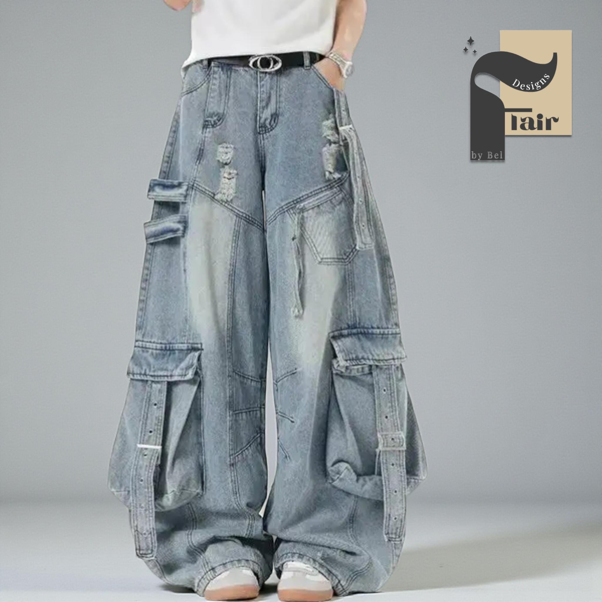 Multi Pocket Wide Leg Jeans | Baggy Distressed Cargo Pants | Urban