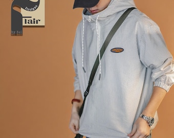 Half Zip Hoodie | Striped Pullover Sweatshirt | Casual Y2K Streetwear | Relaxed Fit Urban Top