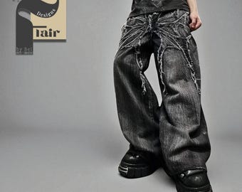 Calças largas e folgadas | Jeans bordados de perna larga | Moda urbana casual dos anos 2000
