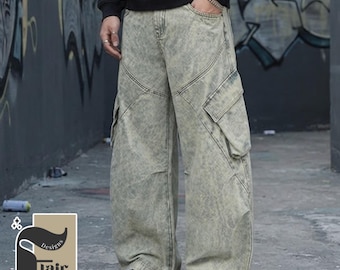 Vaqueros de pierna ancha con múltiples bolsillos / Pantalones cargo holgados y desgastados / Ropa urbana Y2K