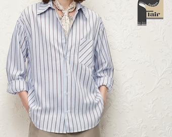 Camisa de rayas con botones / Top retro de manga larga / Ropa de uso diario / Estilo callejero coreano
