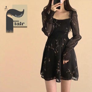 Black Floral Dress | Chiffon Puff Sleeve | Women Casual Clothing | Spring Mini Dress | Gift for Her
