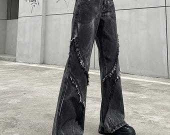 Uitlopende denim jeans | Y2K baggy streetwear broek | Retro casual broek met wijde pijpen