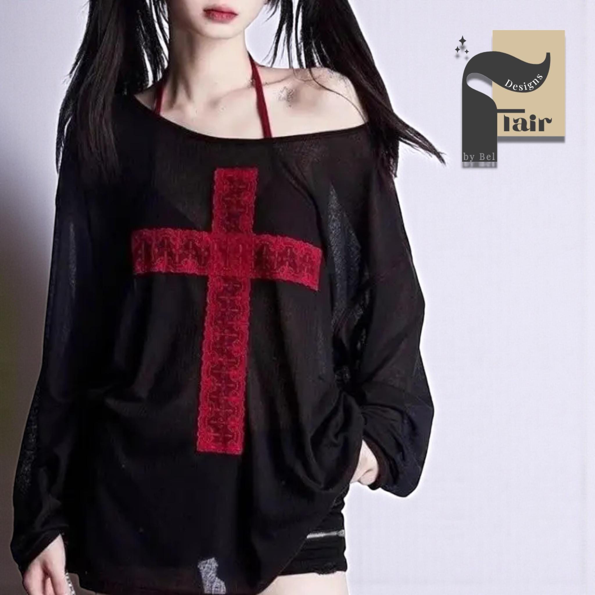 Gothic off Shoulder Top | Cross Graphic Shirt | Y2K Streetwear