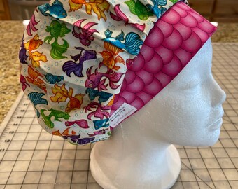 Colorful Fancy Fish and Pink fish scales Bouffant style Surgical Hat