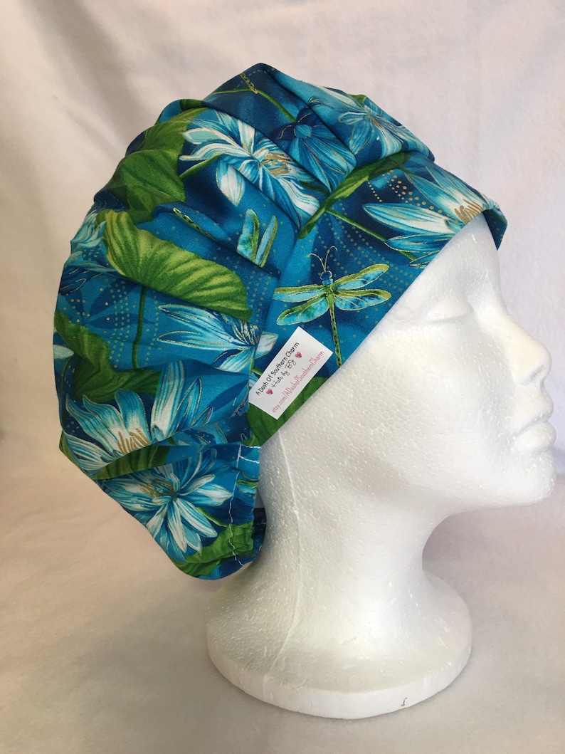 Beautiful Metallic Dragon Flies on the Pond Bouffant Style surgical hat