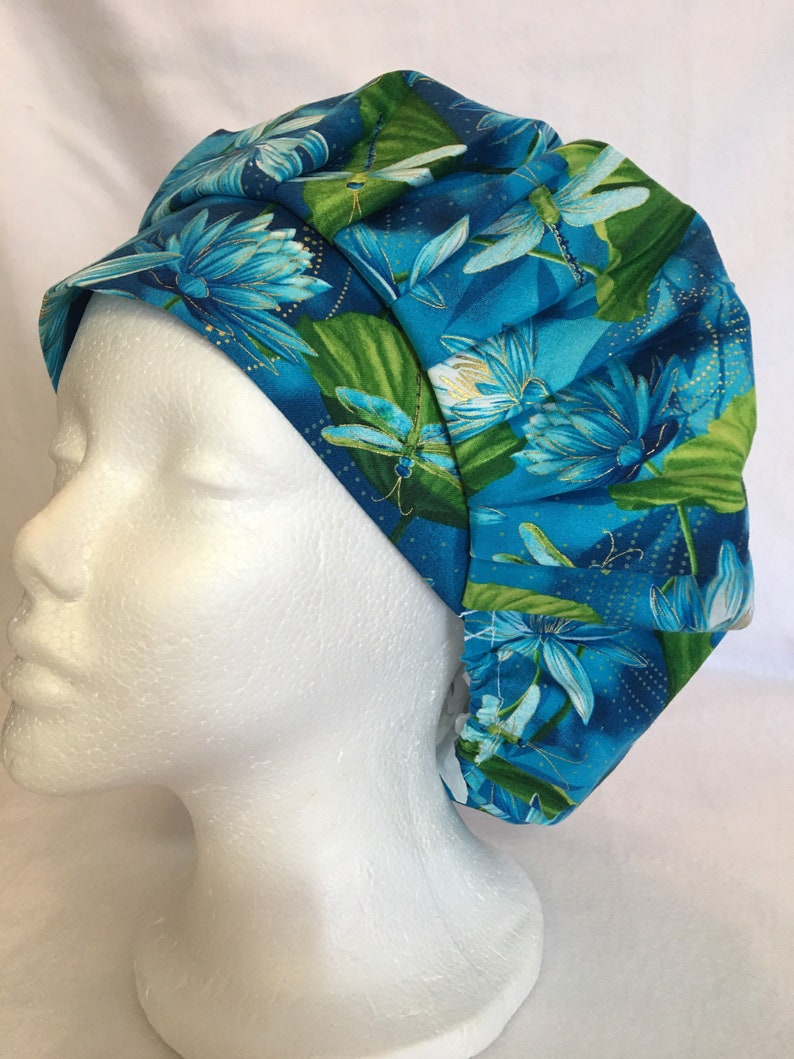 Beautiful Metallic Dragon Flies on the Pond Bouffant Style surgical hat