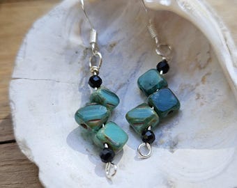 Handmade Czech Glass Dangle Earrings, Wire Wrapped Boho Jewelry