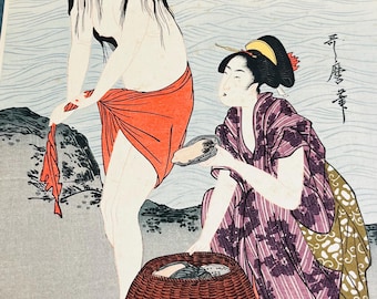 Kitagawa Utamaro, "Immagine dei subacquei Ama che raccolgono l'abalone", 1925 (Taisho 14), trittico, stampa ukiyo-e.