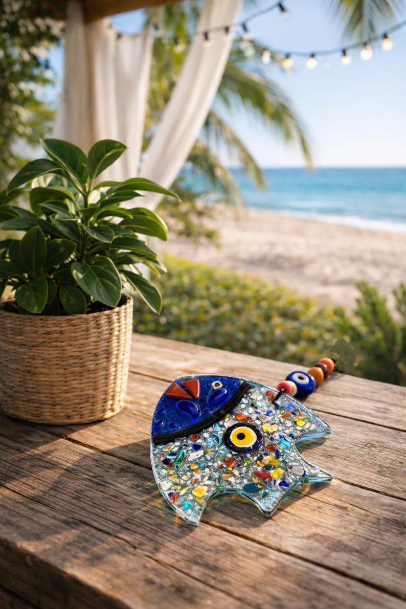 Pu&ograve; includere: Un pesce decorativo in vetro con un design a mosaico, con pezzi di vetro blu, giallo, rosso e trasparente. Il pesce ha una testa blu e un occhio giallo. Una piccola pianta in un cestino di vimini &egrave; nelle vicinanze.