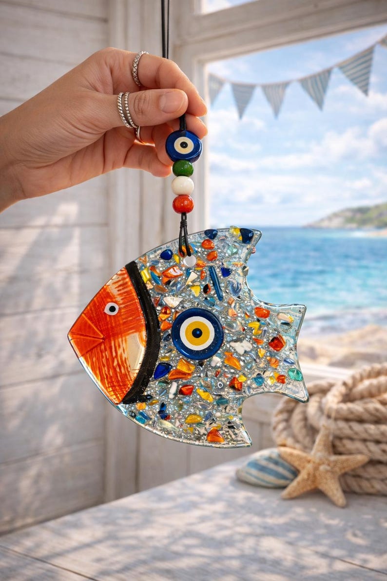 Detailed shot of the textured fused glass surface on the colorful fish suncatcher. The translucent blue and amber glass pieces shimmer when placed near a bright window or light source.