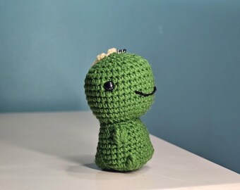 Dinosaur Keychain, Green Crochet Amigurumi Bag Charm, Linen Cotton Keyring