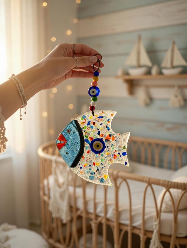 Pu&ograve; includere: Un ornamento a forma di pesce in vetro colorato con testa blu, labbra rosse e occhio blu. Il pesce &egrave; decorato con pezzi di vetro colorati e un cordino di perline per appenderlo. Articolo decorativo.