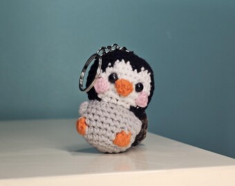 Backpack Charm, Crochet Penguin Amigurumi Keychain with Wool And Linen