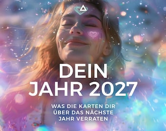 May include: A digital graphic featuring a person with eyes closed, surrounded by ethereal blue and purple light effects. The text reads DEIN JAHR 2027, followed by WAS DIE KARTEN DIR ÜBER DAS NÄCHSTE JAHR VERRATEN, with a small triangle icon above.
