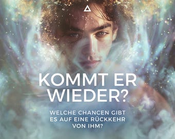 Op de afbeelding: Een digitale kunstafbeelding met een gezicht van een persoon tegen een mystieke, etherische achtergrond. De Duitse tekst "KOMMT ER WIEDER?" is prominent aanwezig, met extra tekst eronder. De afbeelding heeft een dromerige, bovennatuurlijke kwaliteit.
