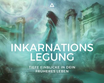 May include: A digital art image with a woman in a flowing blue dress standing near ancient ruins. The text "INKARNATIONS LEGUNG" is prominently displayed, with additional text below. The background features a full moon and ethereal lighting.