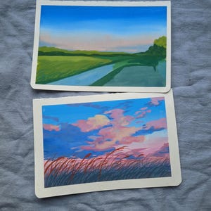 オリジナル絵画 | 夕焼け雲 | ポストカードに手描きされたグアッシュ
