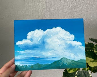 Oryginalny obraz gwaszowy „Pejzaż z chmurami” | Sztuka ścienna | Malowane ręcznie na papierze (5 x 7 cali)