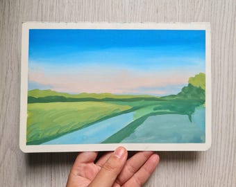 Verträumter Himmel Gouache Malerei | Handgemalt auf Papier | Original Mini Kunstwerk