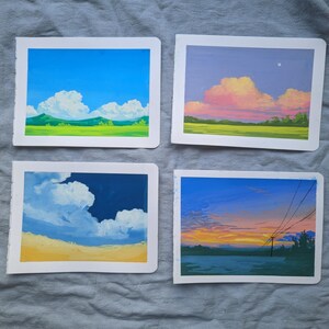 オリジナル絵画 | 夢のような空 | ポストカードに手描きされたガッシュ