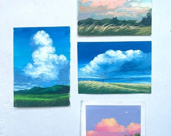 Himmels-Gouache-Gemälde | Handgemalte Postkarte | Originales Miniaturkunstwerk