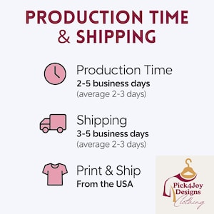 May include: A graphic with the text "PRODUCTION TIME & SHIPPING" and information about production and shipping times. Includes a clock icon, a truck icon, and a t-shirt icon. The text "Print & Ship From the USA" is also included.