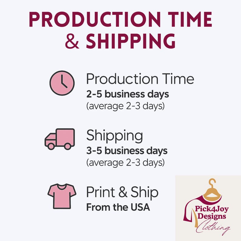 May include: A graphic with the text "PRODUCTION TIME & SHIPPING" and information about production and shipping times. Includes a clock icon, a truck icon, and a t-shirt icon. The text "Print & Ship From the USA" is also included.