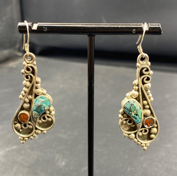 Boucles D’oreilles Anciennes – Turquoise Et Corail, Plaqué Or, Style Fleur Vintage