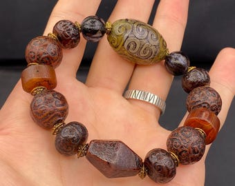 Vintage Agate Beaded Bracelet: Antique Aqeeq Gemstone Jewelry