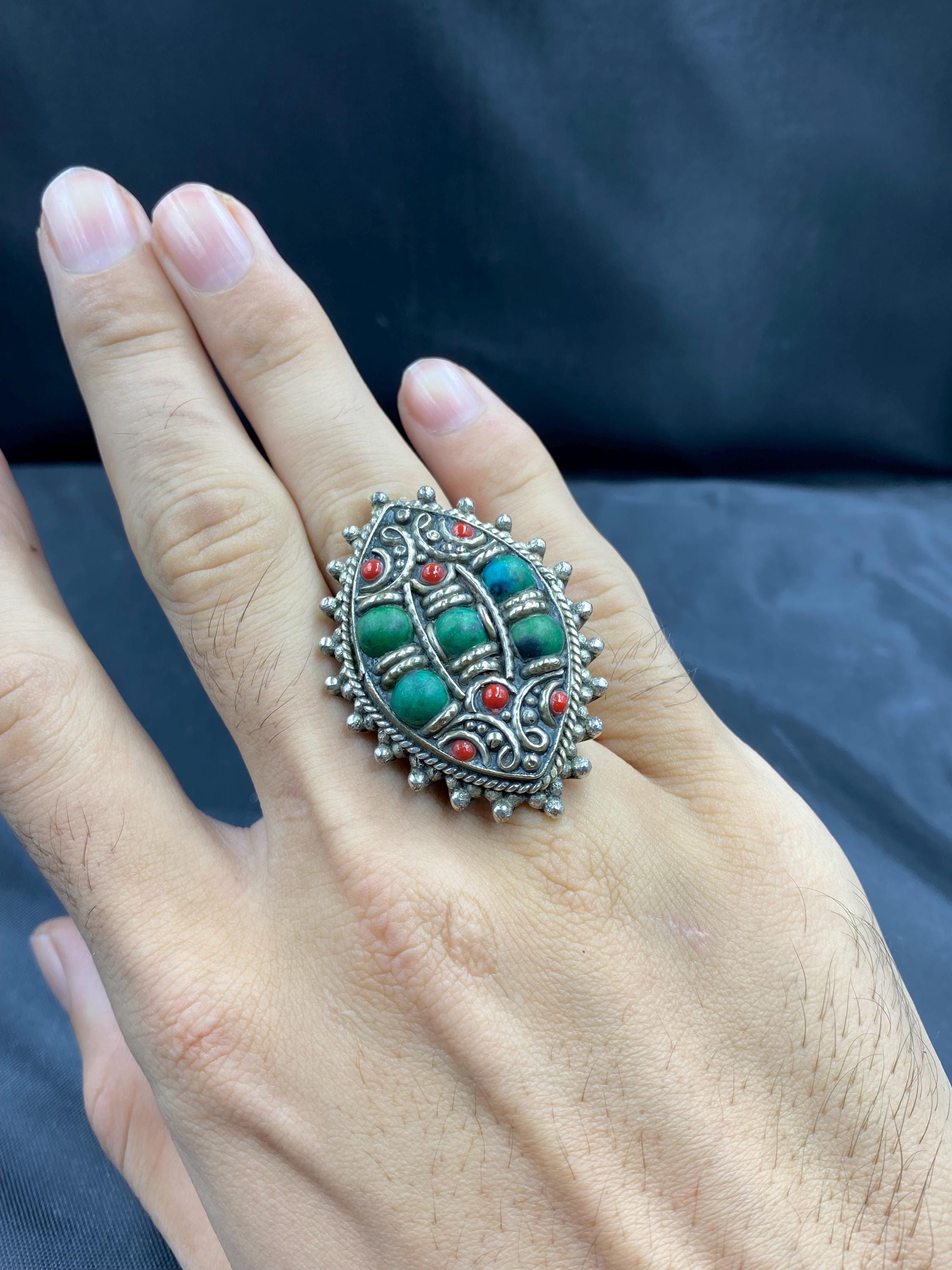 Bague Réglable Népalaise Turquoise - Bohème, Fait Main, Plaqué Argent, Pierre Verte